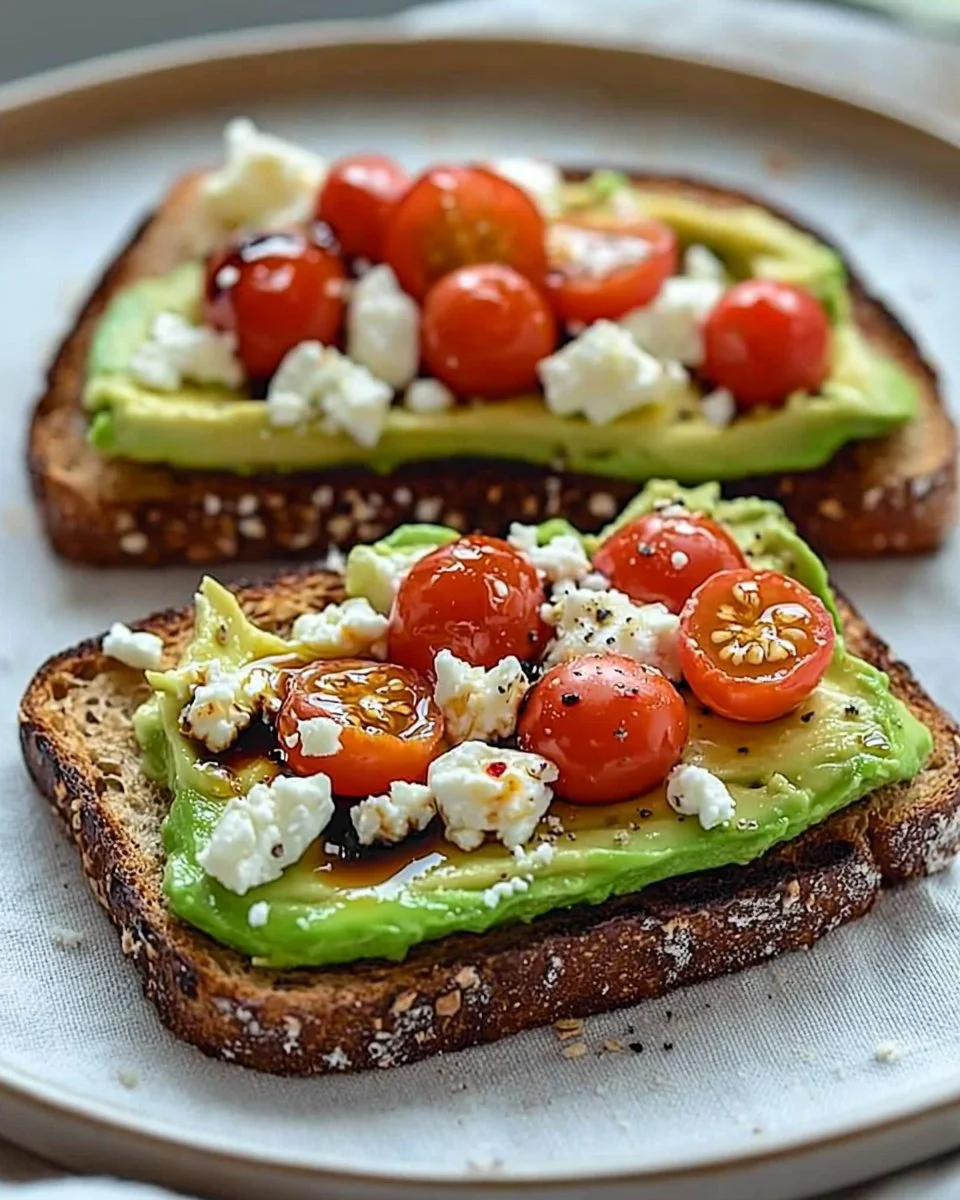 Avocado toast topped with feta cheese and cherry tomatoes on a plate