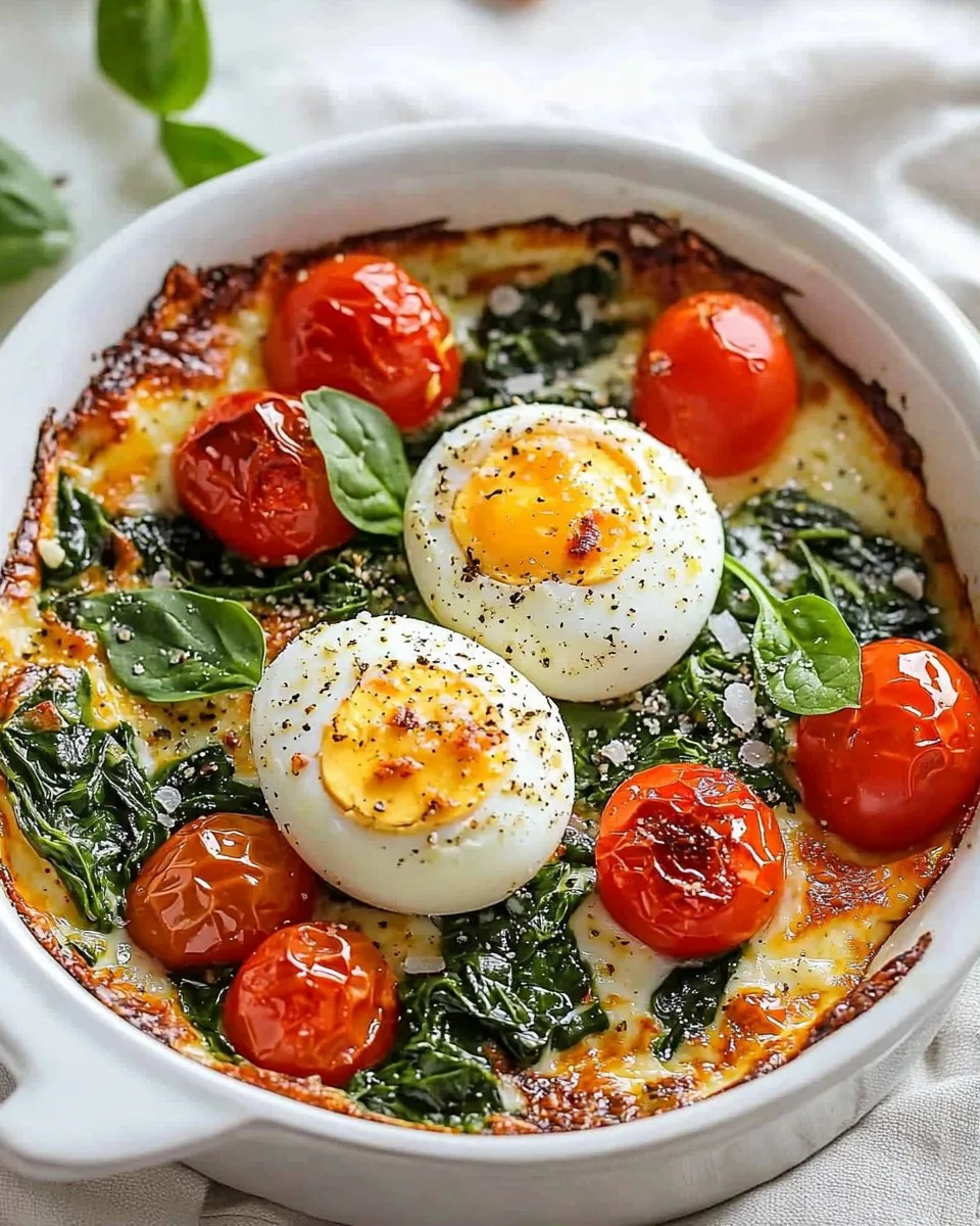 Baked feta eggs with tomatoes and spinach served in a dish