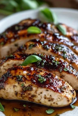 Plate of balsamic baked chicken breast garnished with herbs