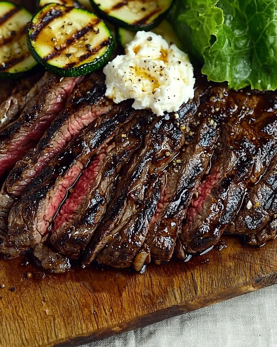 Balsamic Flank Steak with Grilled Zucchini and Whipped Feta