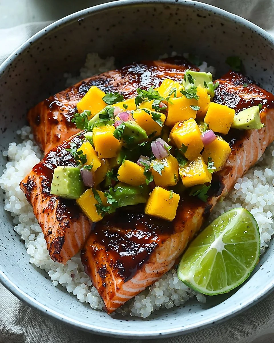 BBQ Salmon Bowls with Mango Avocado Salsa