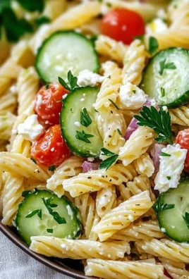 A vibrant bowl of cucumber pasta salad topped with fresh herbs and vegetables.