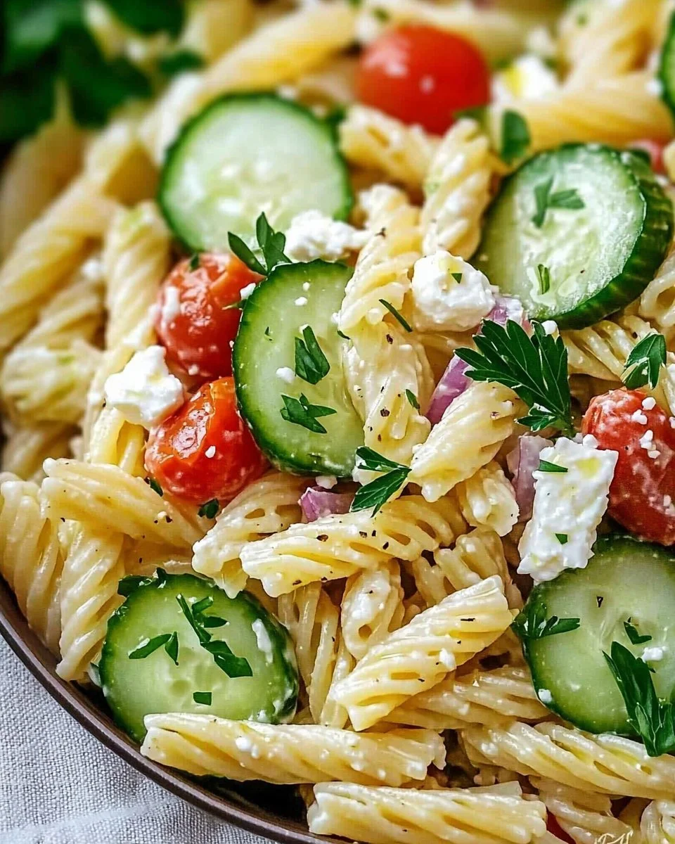 A vibrant bowl of cucumber pasta salad topped with fresh herbs and vegetables.