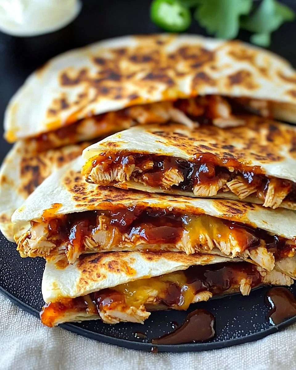 Blackstone BBQ chicken quesadillas drizzled with hot honey glaze