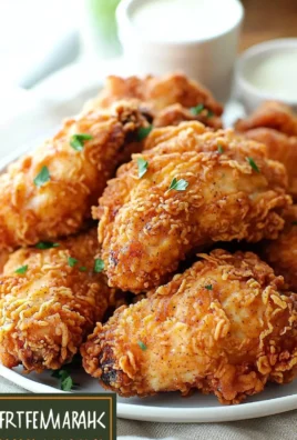 Delicious buttermilk fried chicken served on a plate with garnishes