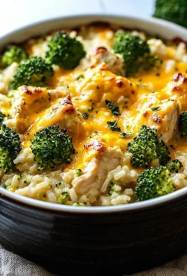 Cheesy broccoli chicken and rice casserole in a baking dish, garnished with herbs