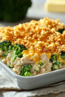 Cheesy Chicken Broccoli Rice Casserole baked in a dish, topped with melted cheese.