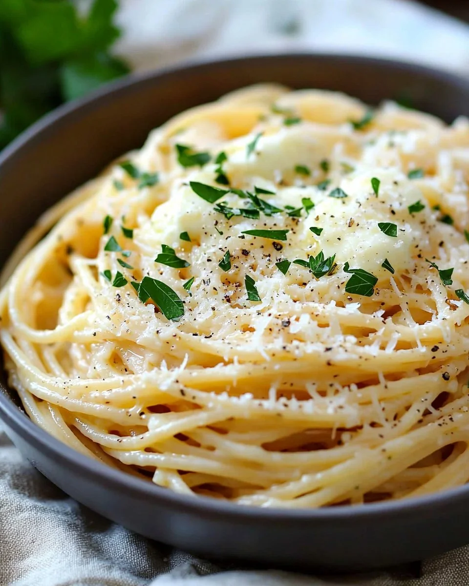 Delicious plate of Garlic Parmesan Spaghetti topped with fresh parsley and cheese