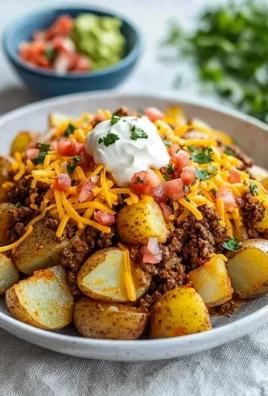 Cheesy taco potatoes topped with cheese and spices in a baking dish.
