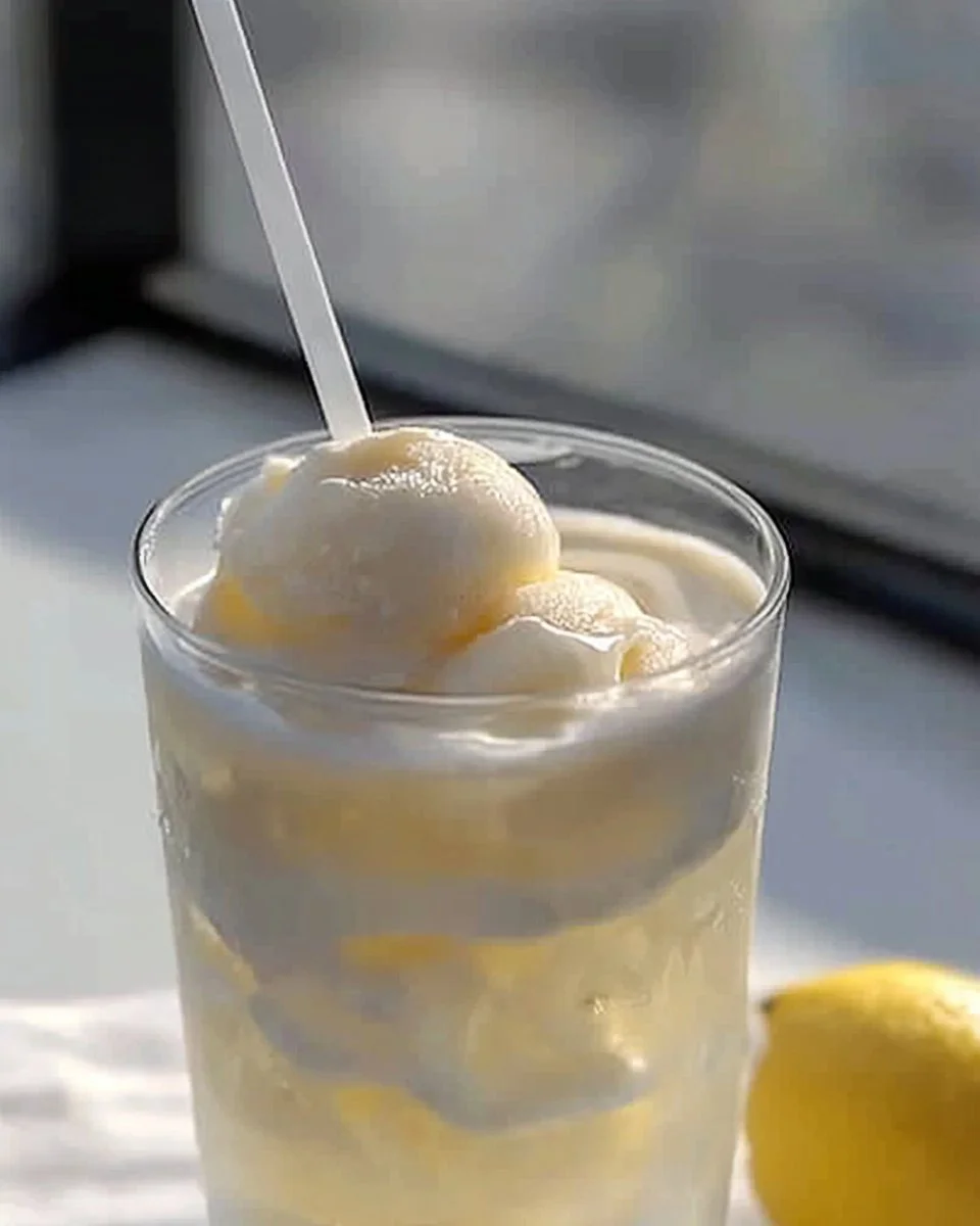 Chick-fil-A Frosted Lemonade in a clear cup with a lemon slice garnish