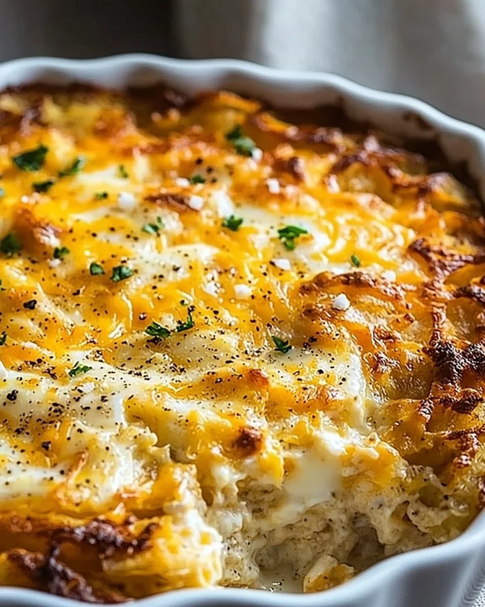 Classic breakfast hashbrown casserole with eggs, cheese, and crispy potatoes
