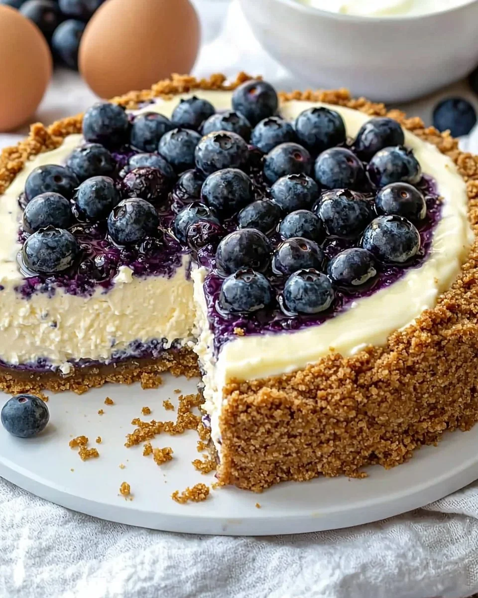 Delicious creamy blueberry cheesecake garnished with fresh blueberries and whipped cream.
