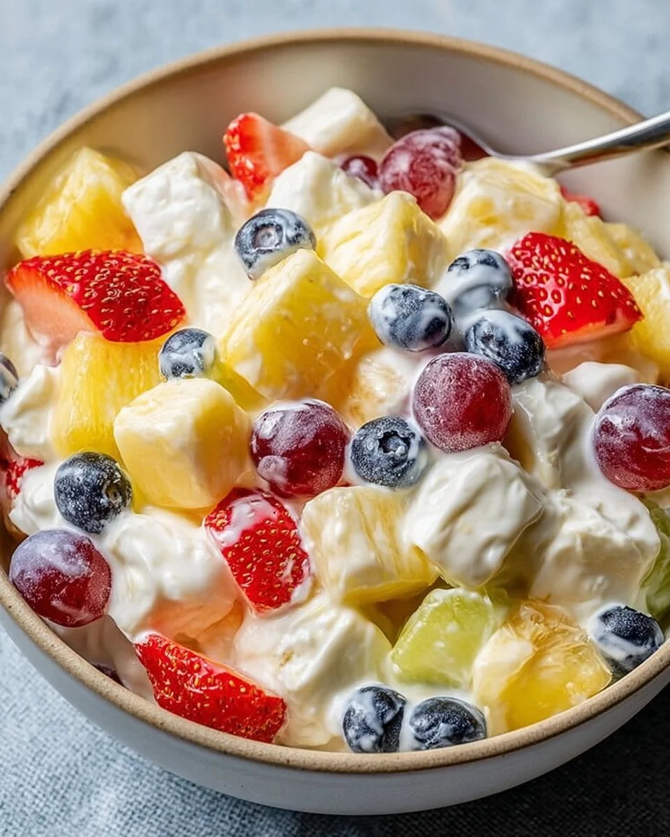 Creamy fruit salad served in a bowl with colorful fruits and a creamy dressing