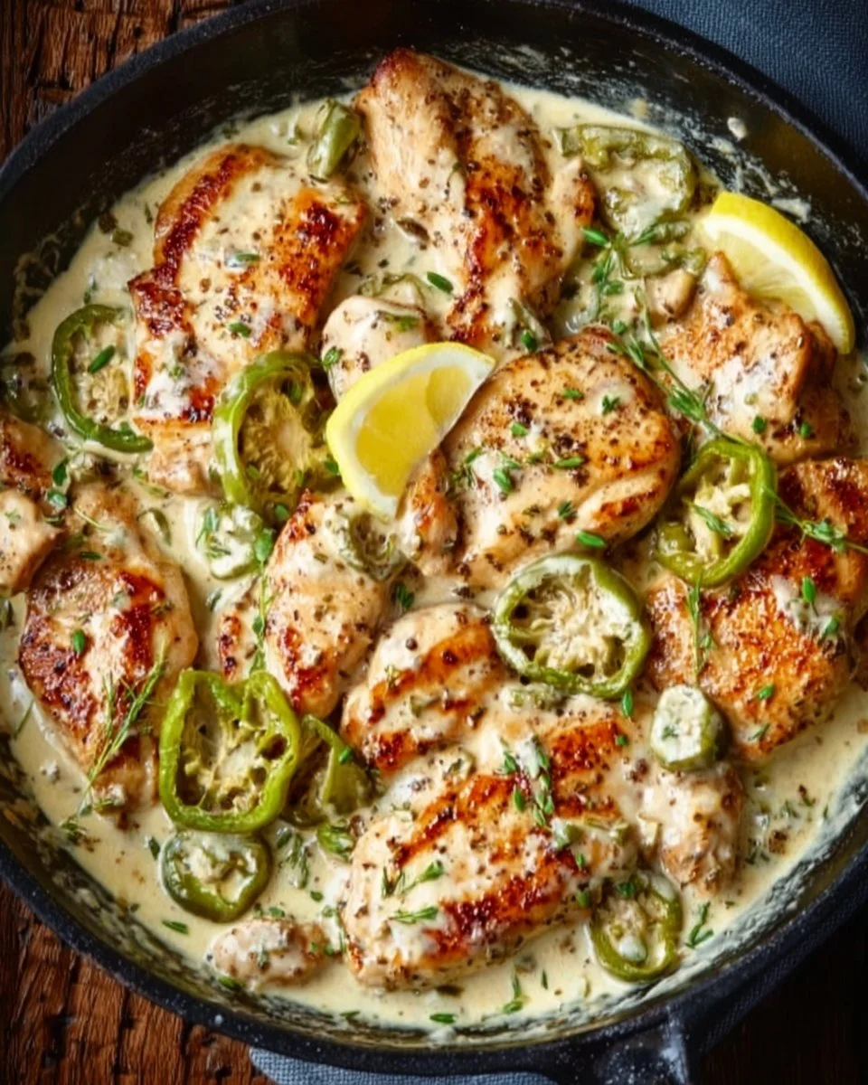 Creamy Pepperoncini Chicken Skillet dish served in a frying pan