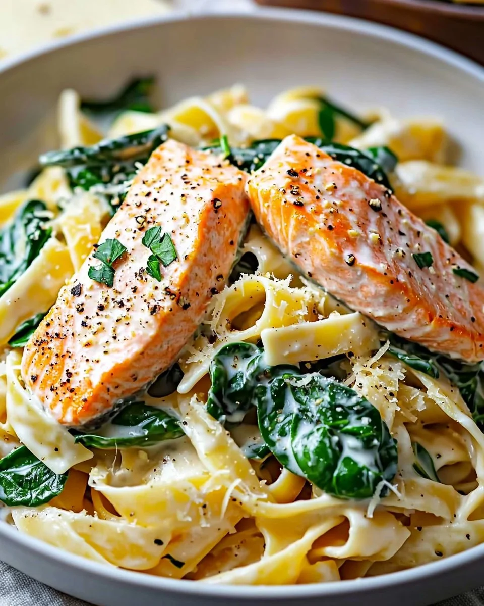 Creamy salmon pasta dish served in a bowl garnished with parsley