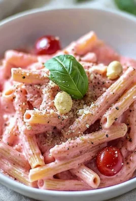 Bowl of creamy vegan pink pasta garnished with fresh herbs