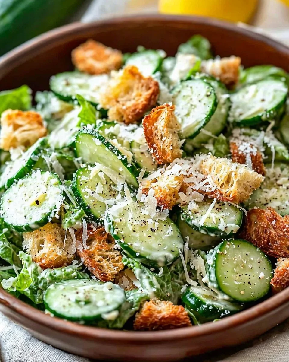 A vibrant Cucumber Caesar Salad with crisp romaine, cucumbers, and Caesar dressing.