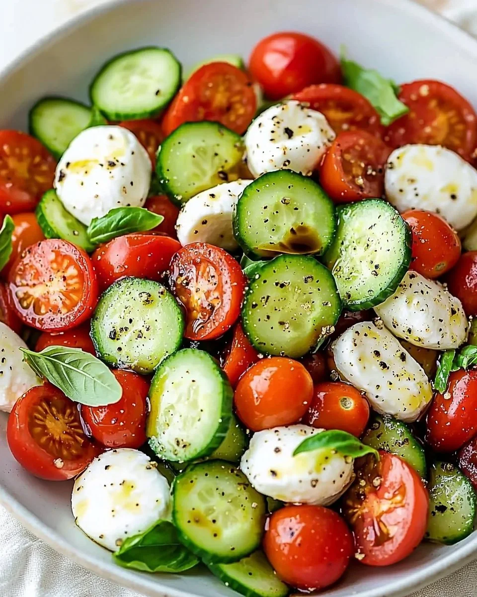 Cucumber Caprese Salad featuring fresh cucumbers, mozzarella, and basil