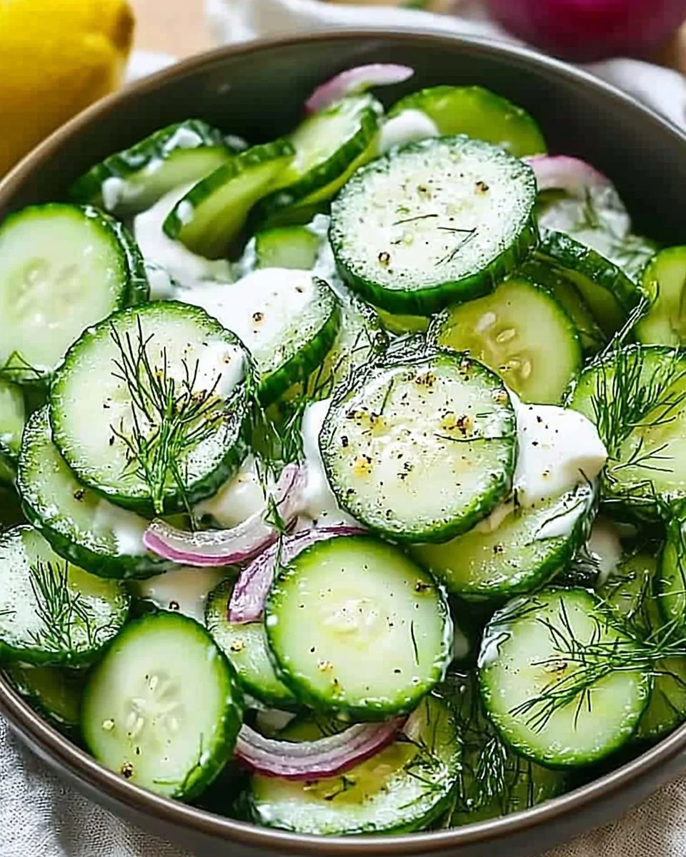 Freshly prepared Cucumber Dill Salad served in a bowl with herbs