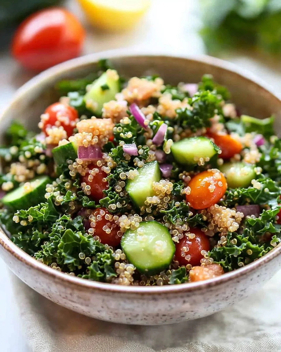 Detox quinoa salad with fresh vegetables and herbs in a bowl