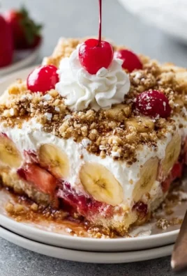 Delicious Easy Banana Split Dump Cake with layers of fruit and whipped cream