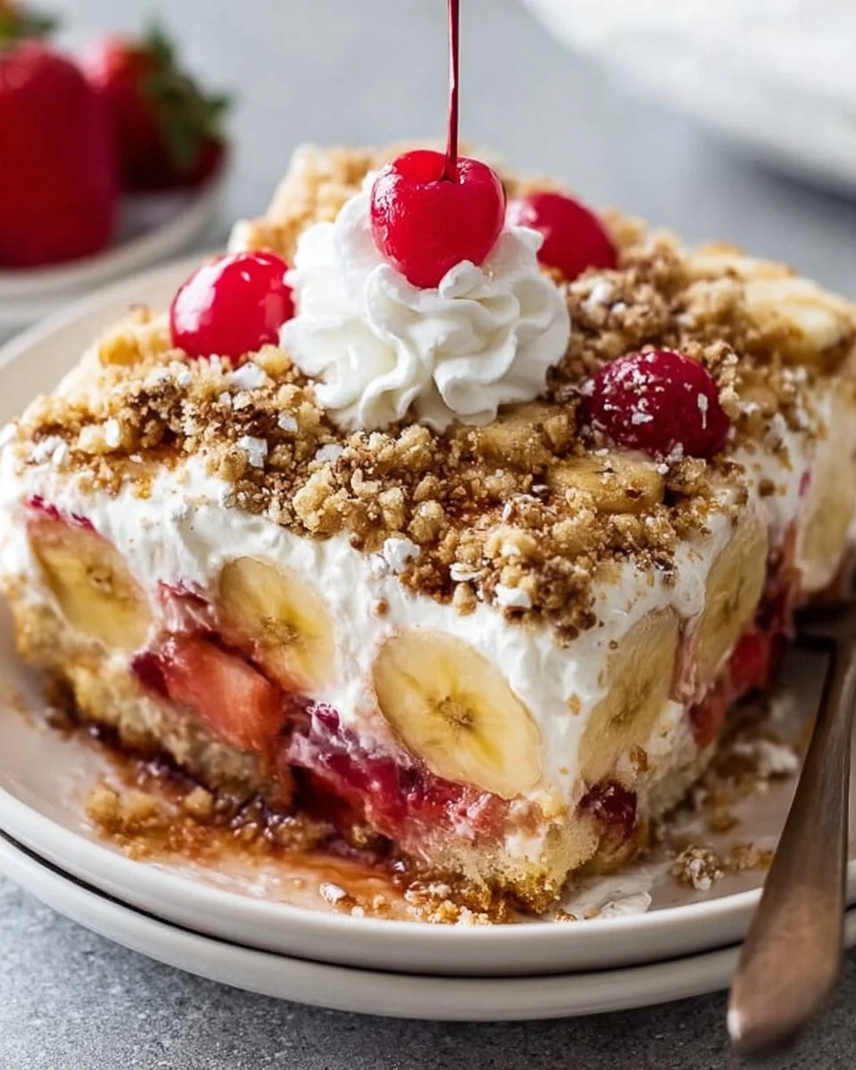 Delicious Easy Banana Split Dump Cake with layers of fruit and whipped cream