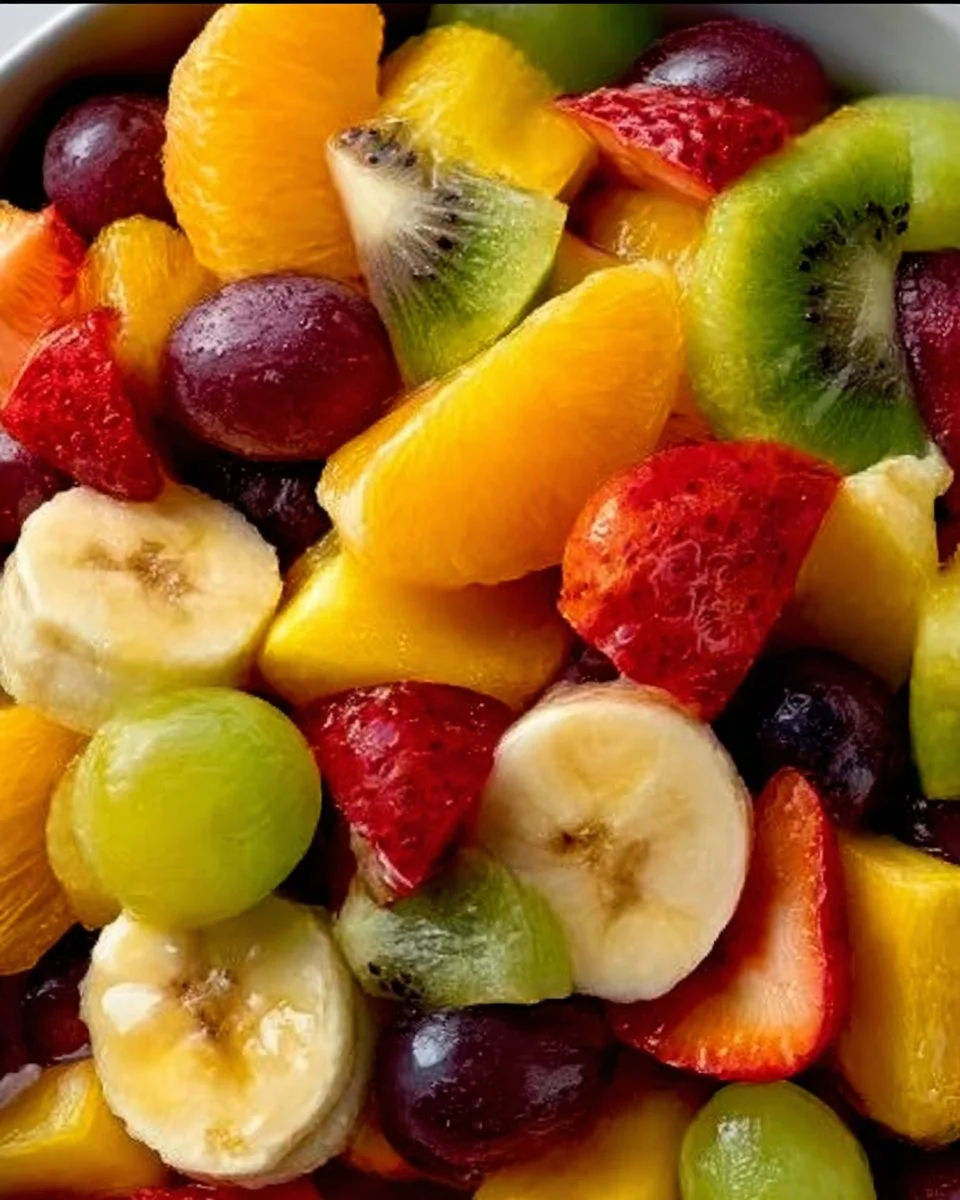 A vibrant bowl of mixed fruit salad featuring strawberries, blueberries, kiwi, and oranges.