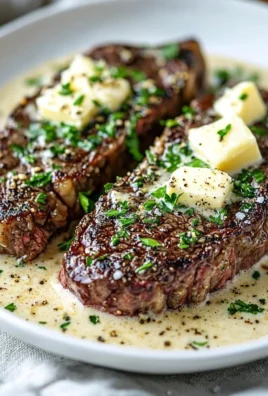 Delicious Garlic Butter Steak topped with Parmesan Cream Sauce on a plate