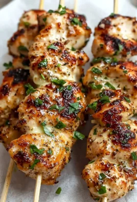 Garlic Parmesan Chicken Skewers on a grill with herbs