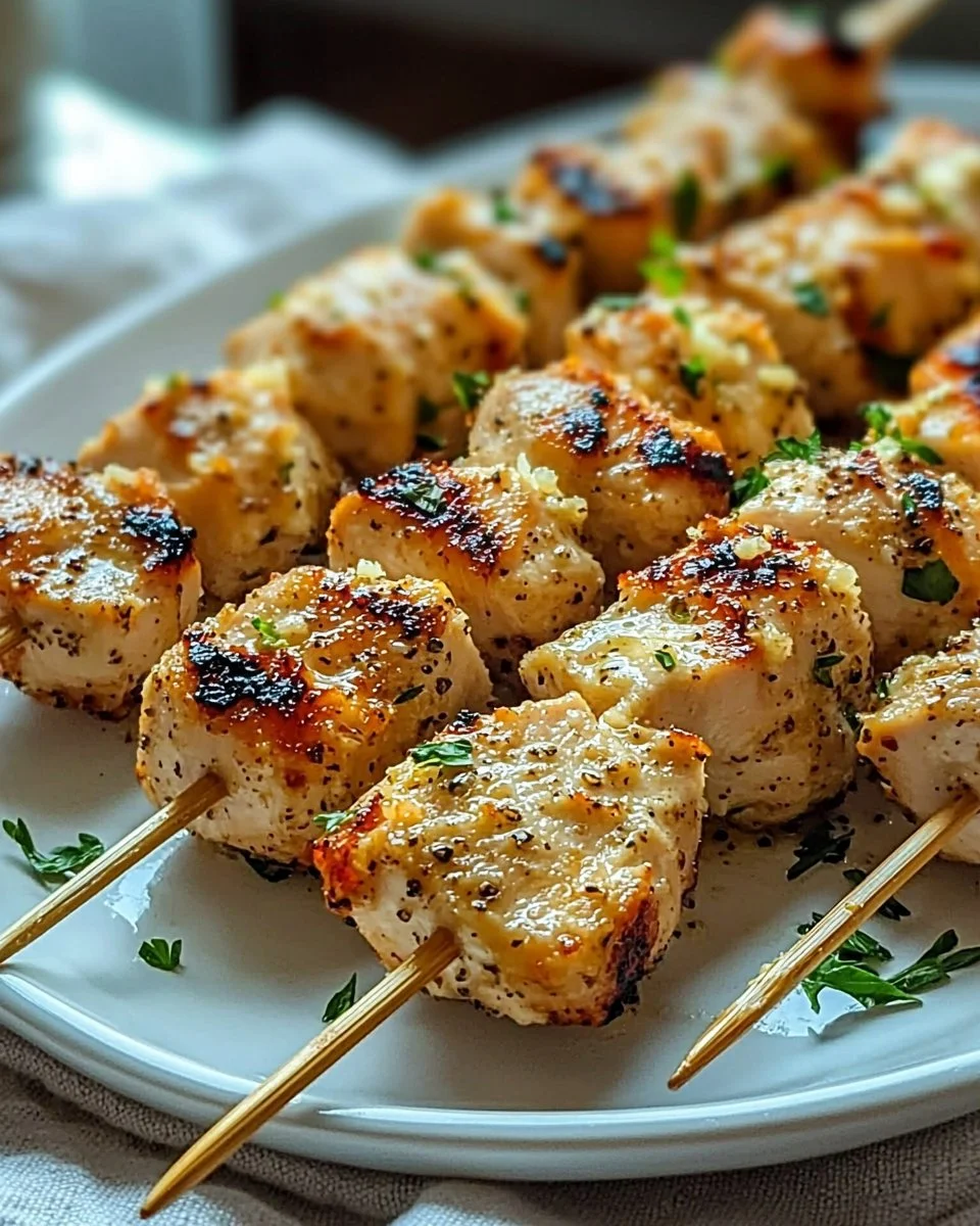 Garlic Parmesan Chicken Skewers on a grill for a tasty outdoor meal.