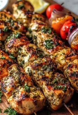 Greek marinated chicken kabobs on skewers, ready for grilling.