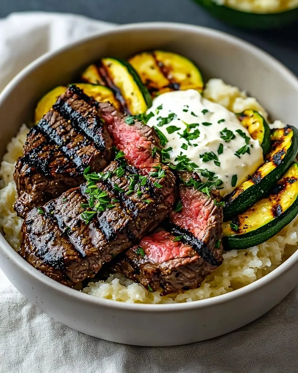 Grilled Steak Bowl with Sauce & Grilled Zucchini Bliss