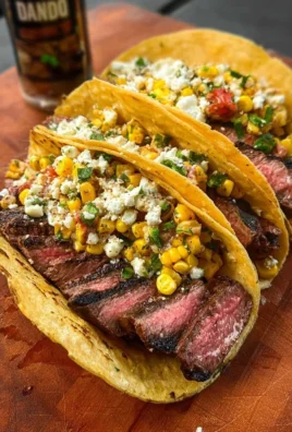 Grilled steak tacos topped with corn on the cob, a delicious summer dish.