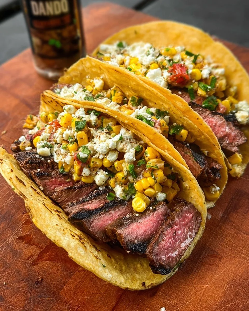 Grilled steak tacos topped with corn on the cob, a delicious summer dish.
