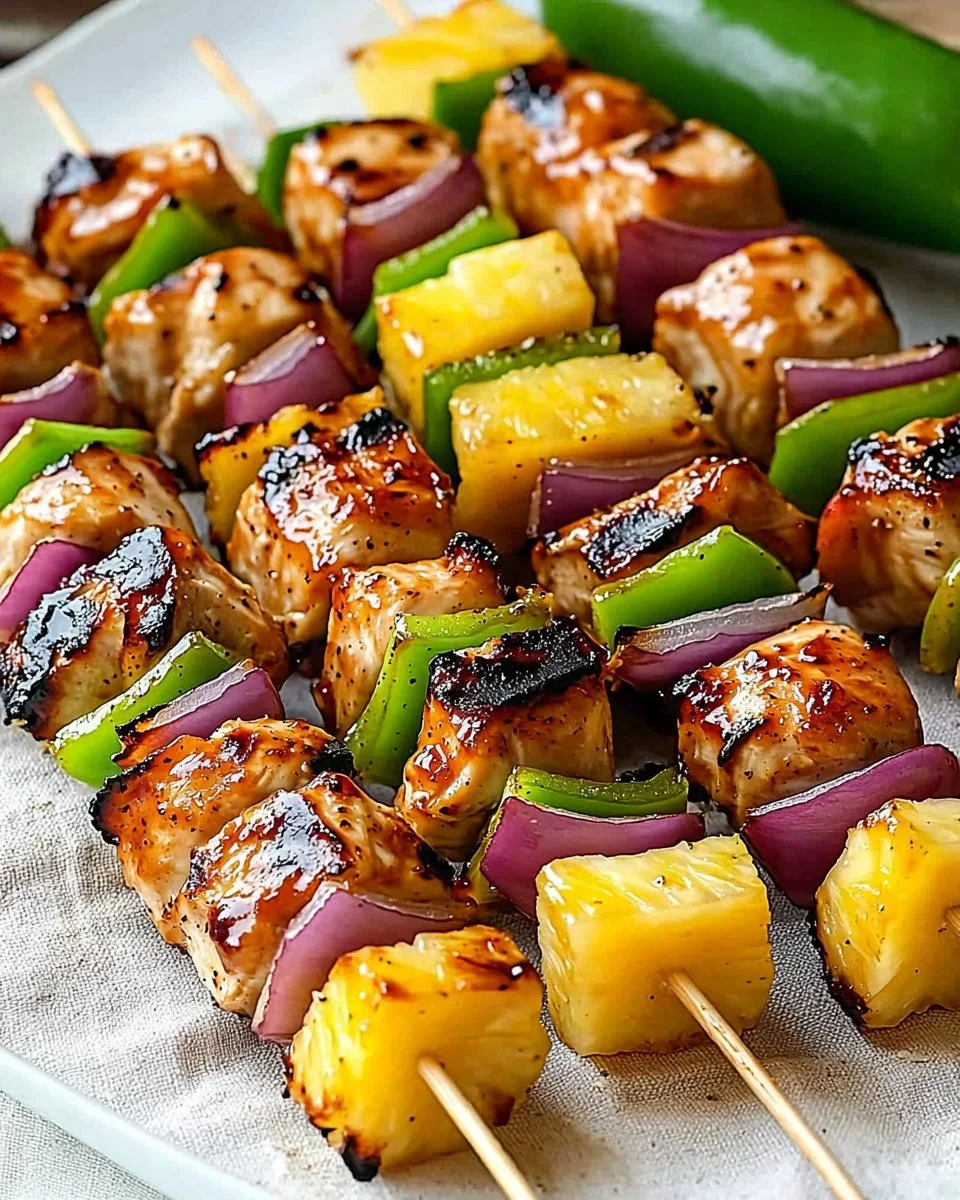 Grilled Hawaiian Chicken Kebabs with pineapple and colorful bell peppers