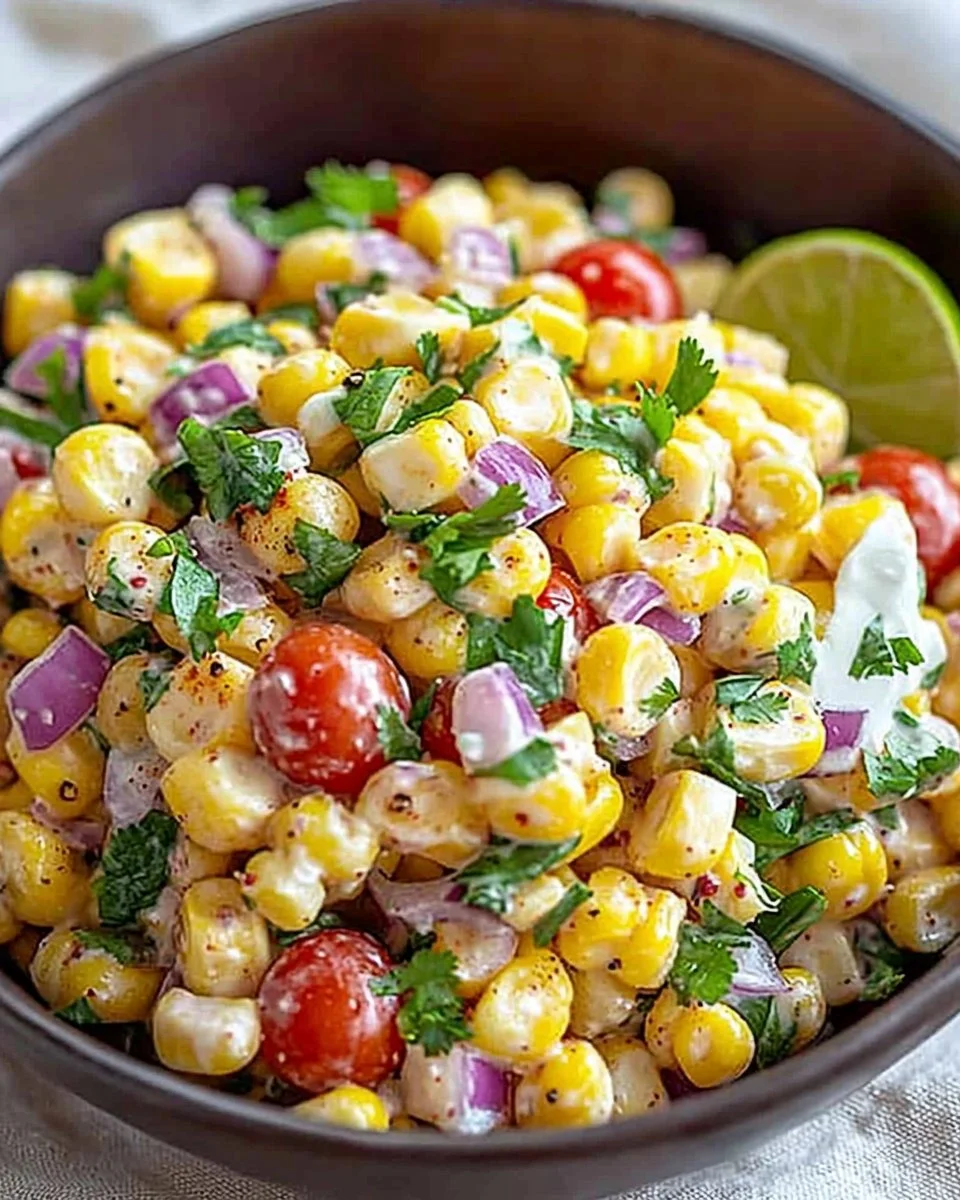Healthy street corn salad with Greek yogurt in a bowl