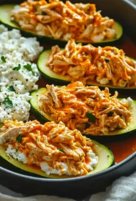 High Protein Buffalo Chicken Stuffed Zucchini Boats topped with cheese and herbs