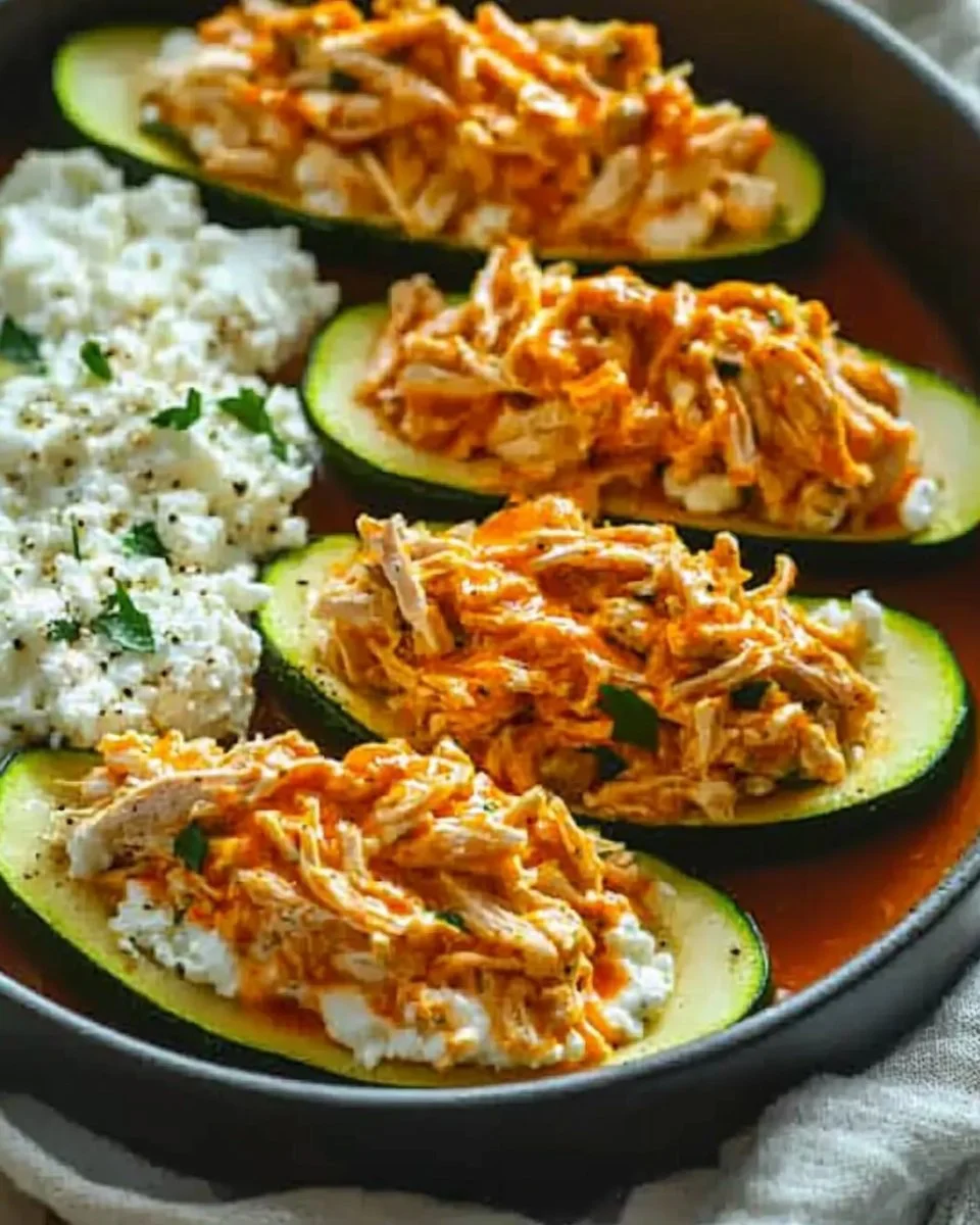 High Protein Buffalo Chicken Stuffed Zucchini Boats