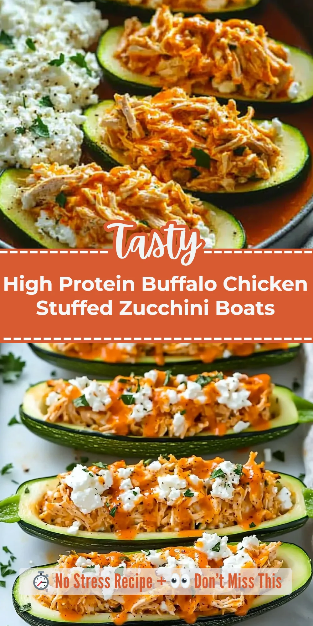 High Protein Buffalo Chicken Stuffed Zucchini Boats