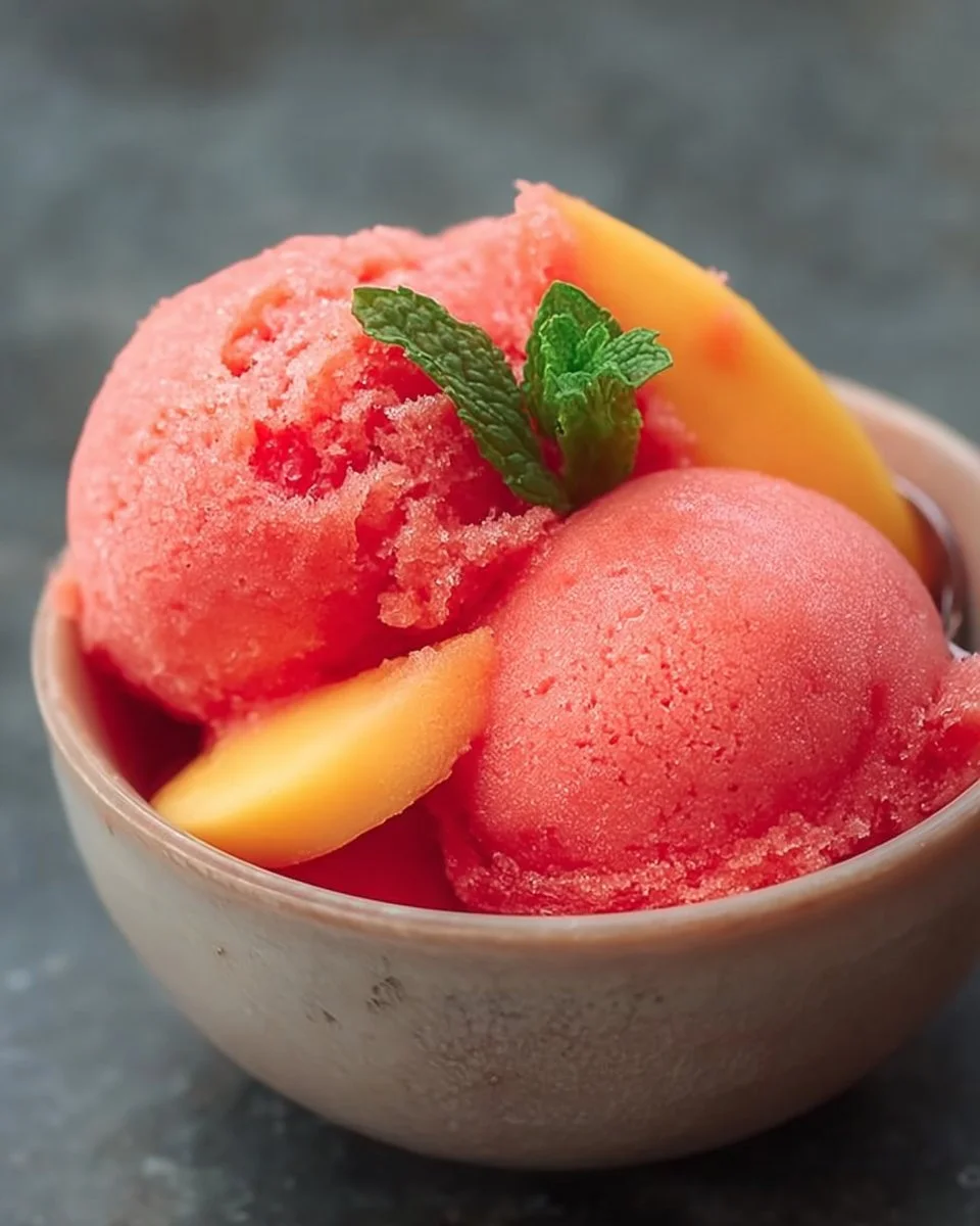 Homemade mango strawberry sorbet served in a bowl with fresh fruit on top.
