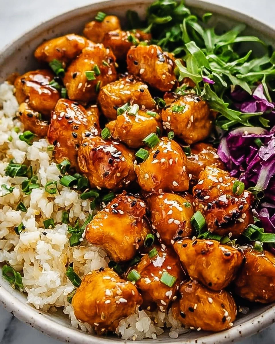 Hot Honey Chicken Bowls with crispy chicken and spicy honey sauce