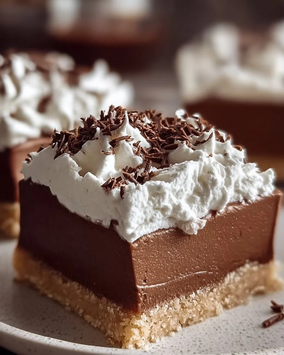 Delicious French Silk Pie Bars topped with whipped cream and chocolate shavings