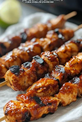 Juicy BBQ chicken skewers grilled to perfection, served in a platter.