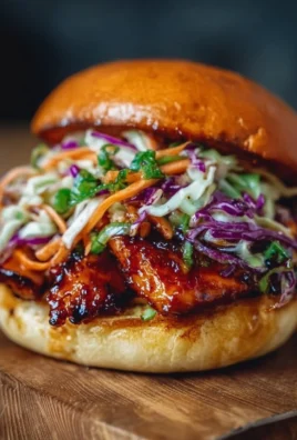 Korean BBQ Chicken Sandwich with fresh cabbage slaw on a wooden board