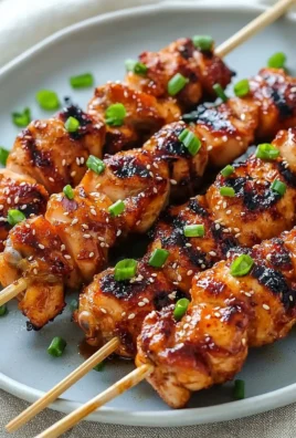 Grilled Korean Chicken Skewers garnished with sesame seeds and green onion