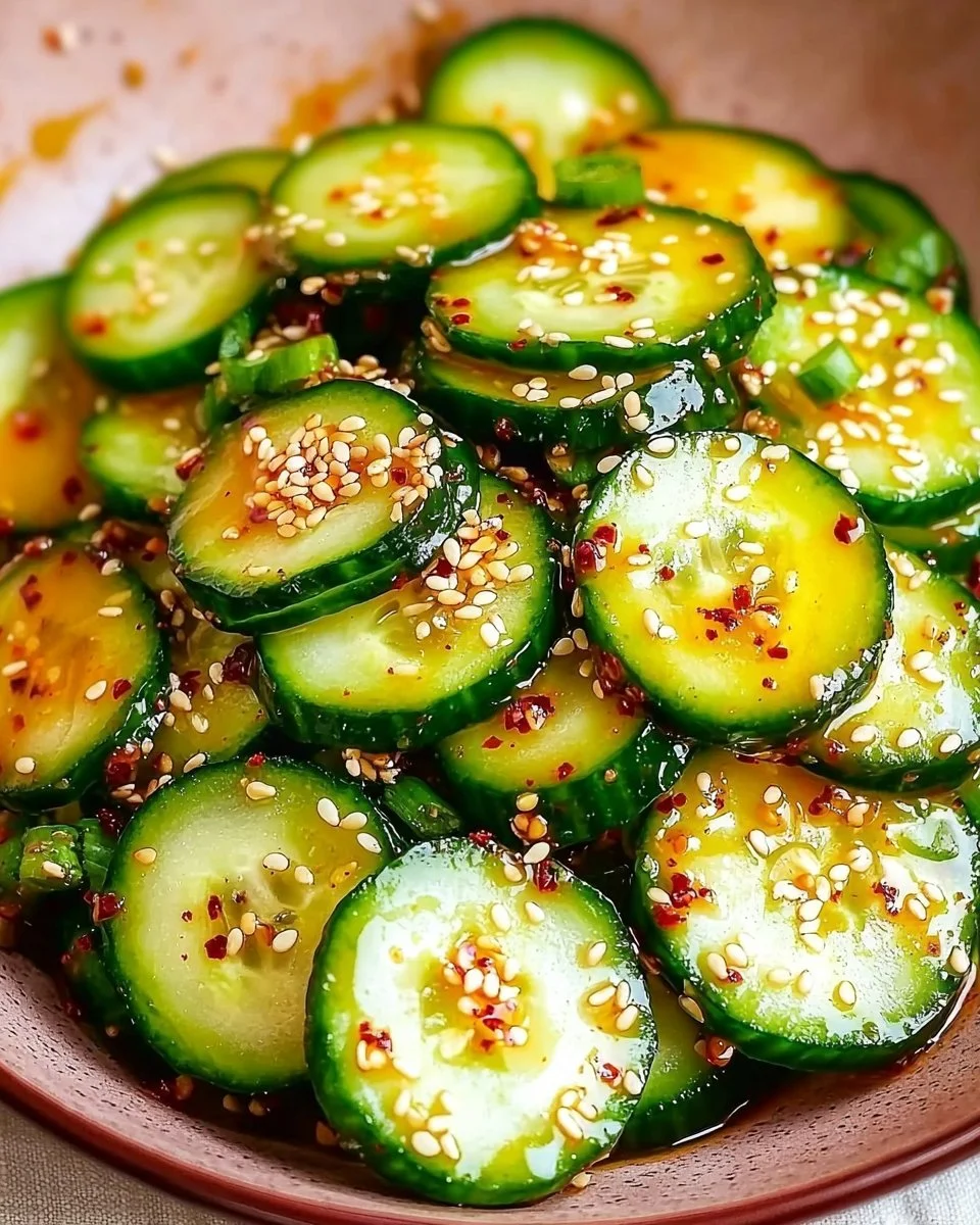 Delicious Korean Cucumber Salad with sesame seeds and seasonings