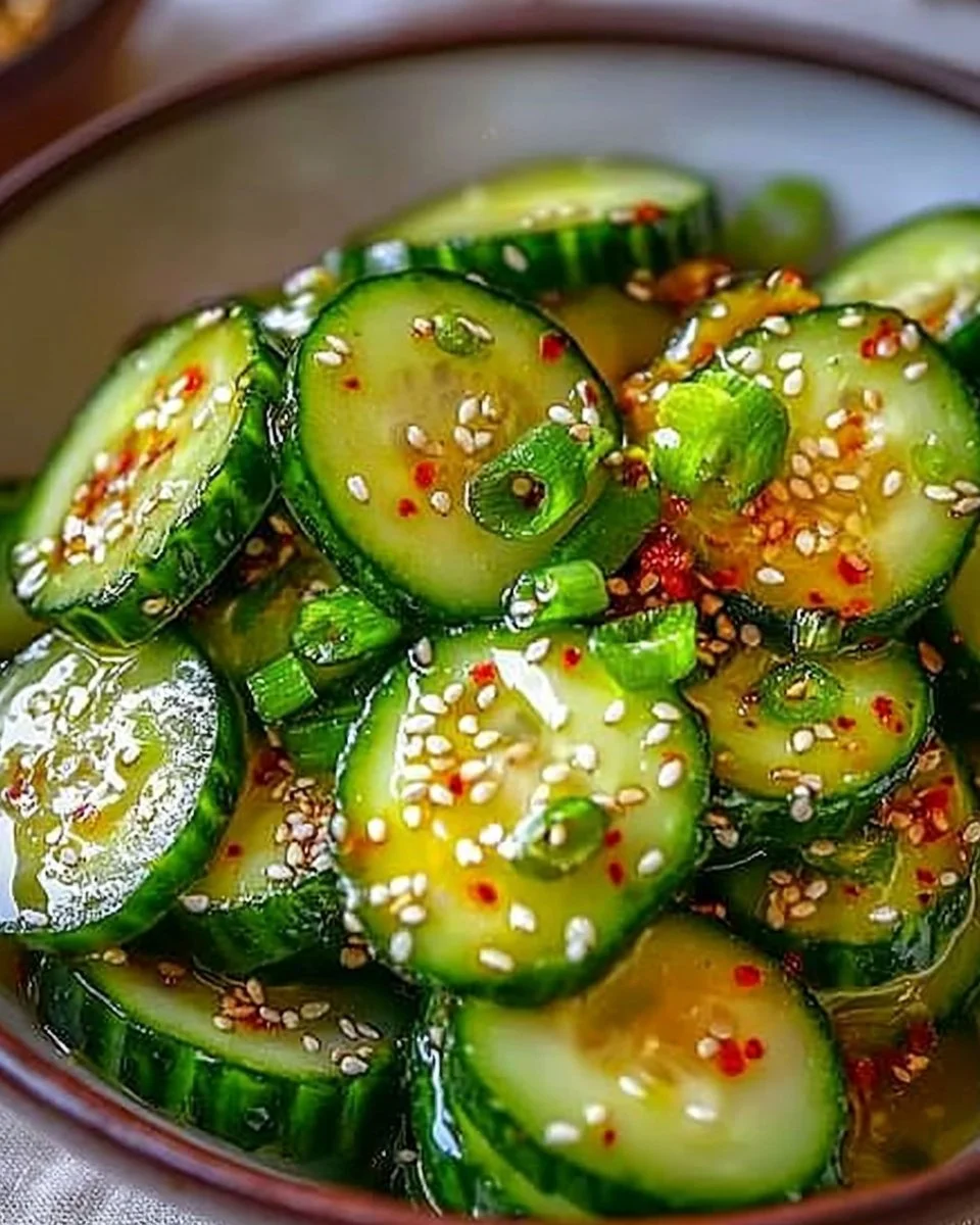 A vibrant bowl of Korean cucumber salad with fresh vegetables and spices.
