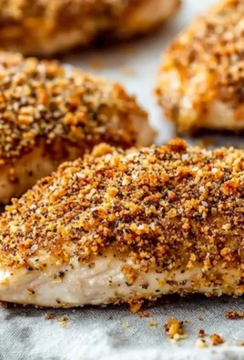 Crispy oven fried chicken breast served with sides.