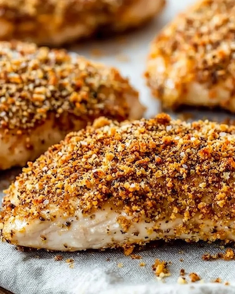 Crispy oven fried chicken breast served with sides.