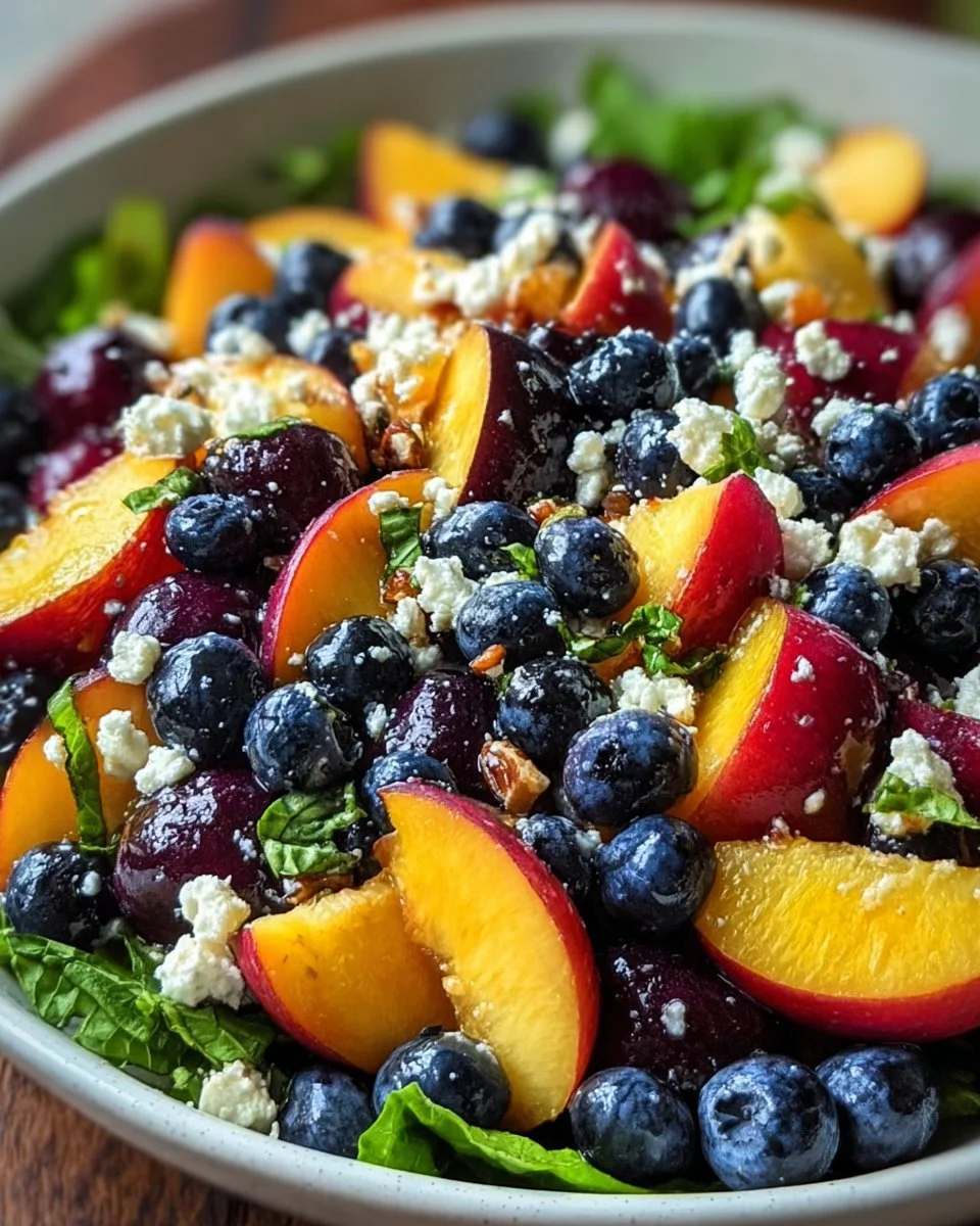 Delicious Peach and Blueberry Salad with Feta cheese on a plate
